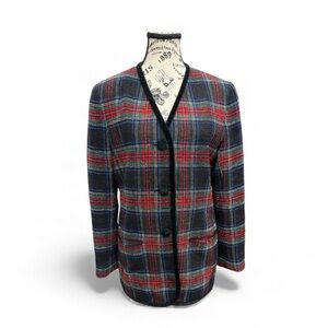 Vintage Liz Claiborne Wool Plaid Blazer with Black Velvet Trim